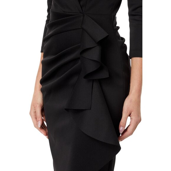 NWT Xscape Womens Ruffled Ruched Midi Dress Short Scuba Collar 5636X Black 6 - Picture 3 of 12